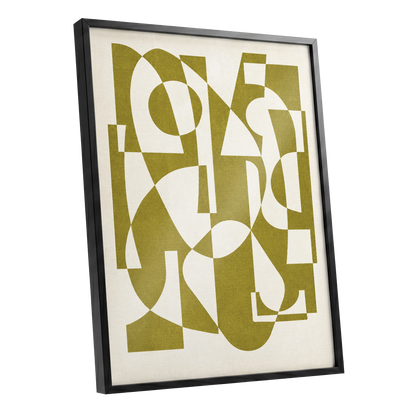 Olive Interplay, green, beige, white abstract wall art shown as a black framed poster wall art print