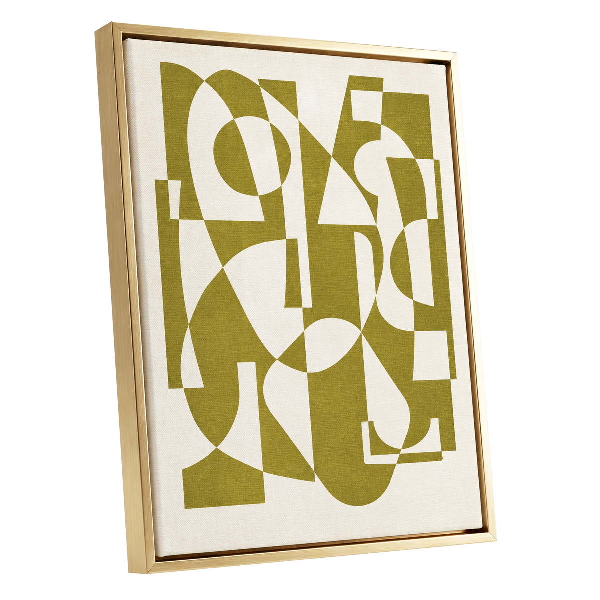 Olive Interplay, green, beige, white abstract wall art shown as a gold framed canvas wall art