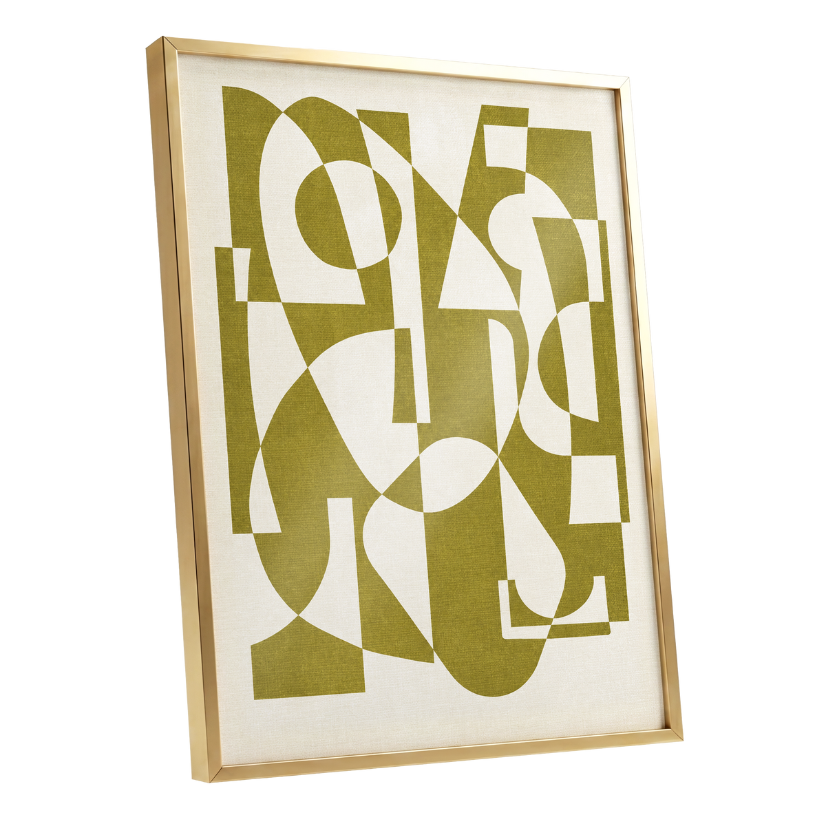 Olive Interplay, green, beige, white abstract wall art shown as a gold framed poster wall art print