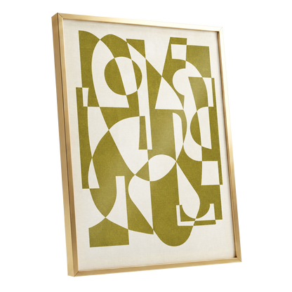 Olive Interplay, green, beige, white abstract wall art shown as a gold framed poster wall art print