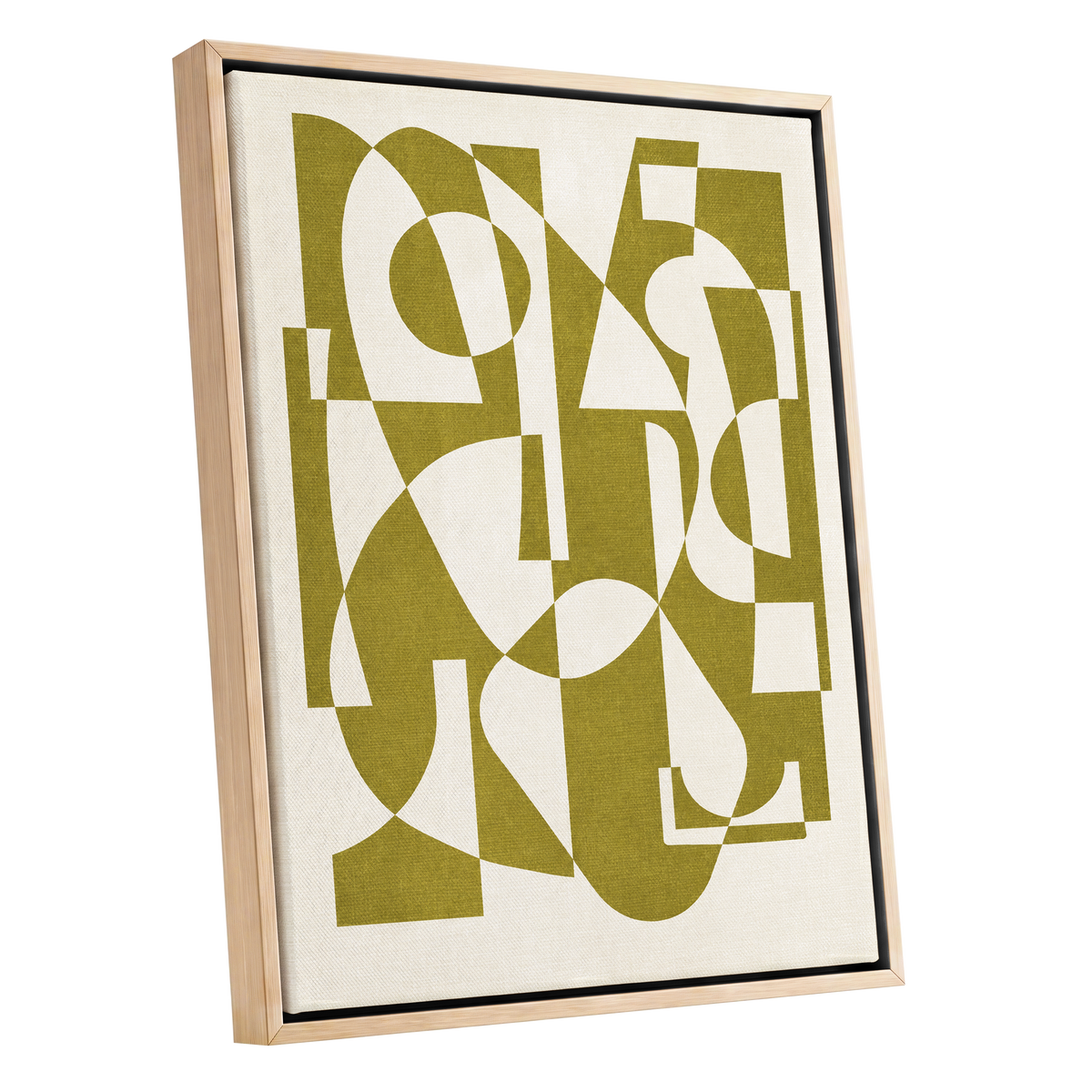 Olive Interplay, green, beige, white abstract wall art shown as a oak framed canvas wall art