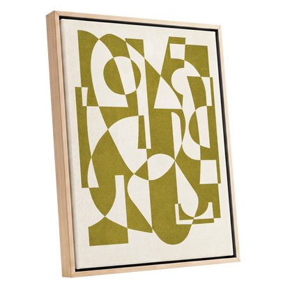 Olive Interplay, green, beige, white abstract wall art shown as a oak framed canvas wall art