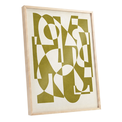 Olive Interplay, green, beige, white abstract wall art shown as a oak framed poster wall art print