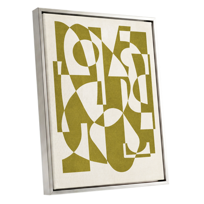 Olive Interplay, green, beige, white abstract wall art shown as a silver framed canvas wall art
