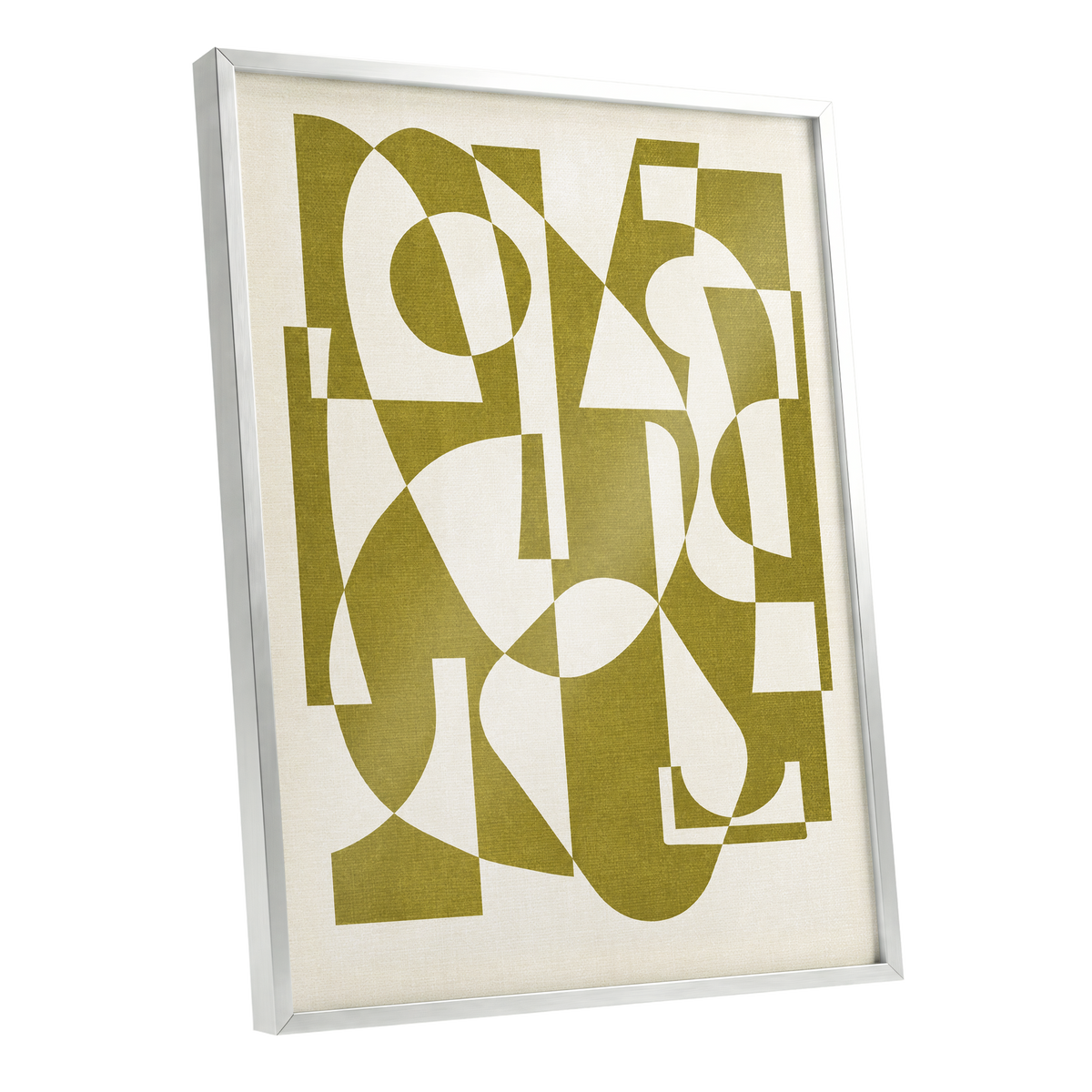 Olive Interplay, green, beige, white abstract wall art shown as a silver framed poster wall art print