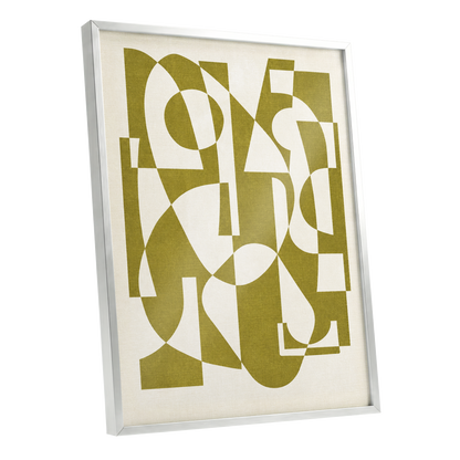 Olive Interplay, green, beige, white abstract wall art shown as a silver framed poster wall art print