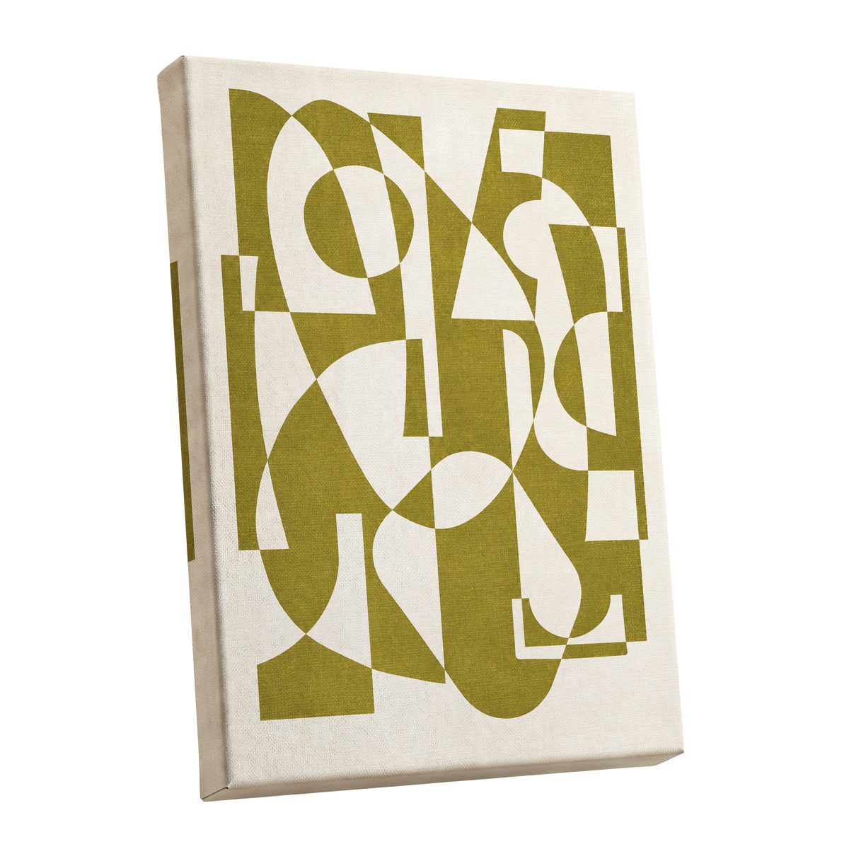 Olive Interplay, green, beige, white abstract wall art shown as a stretched canvas wall art