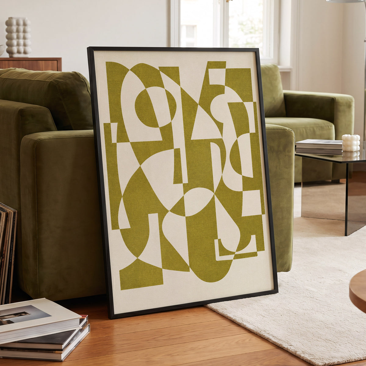 Olive Interplay, green, beige, white abstract wall art displayed in a styled interior, gallery view 2