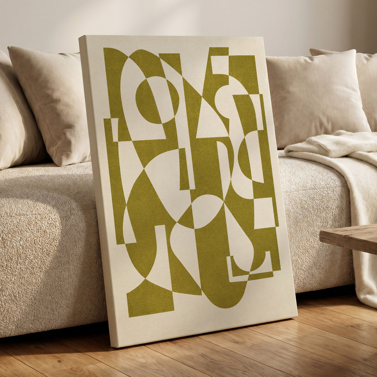Olive Interplay, green, beige, white abstract wall art displayed in a styled interior, gallery view 3