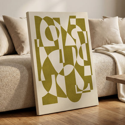 Olive Interplay, green, beige, white abstract wall art displayed in a styled interior, gallery view 3
