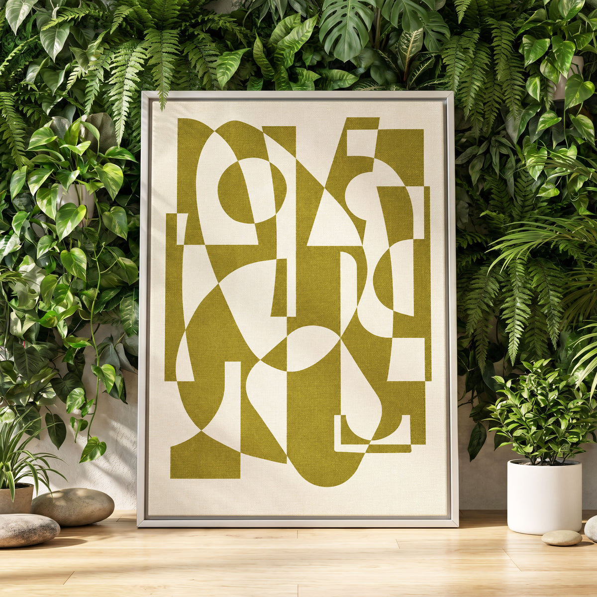 Olive Interplay, green, beige, white abstract wall art displayed in a styled interior, gallery view 4