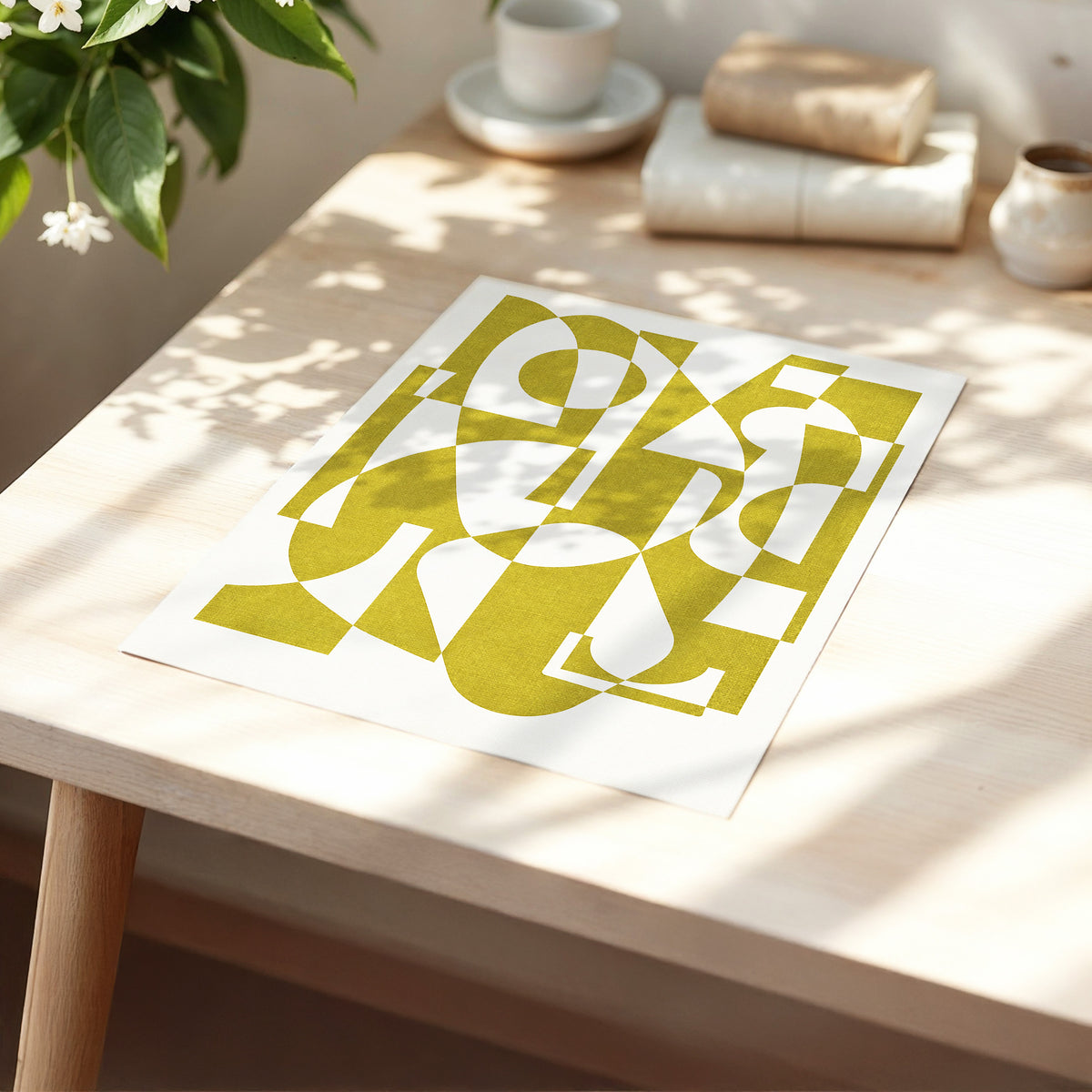 Olive Interplay, green, beige, white abstract wall art displayed in a styled interior, gallery view 5