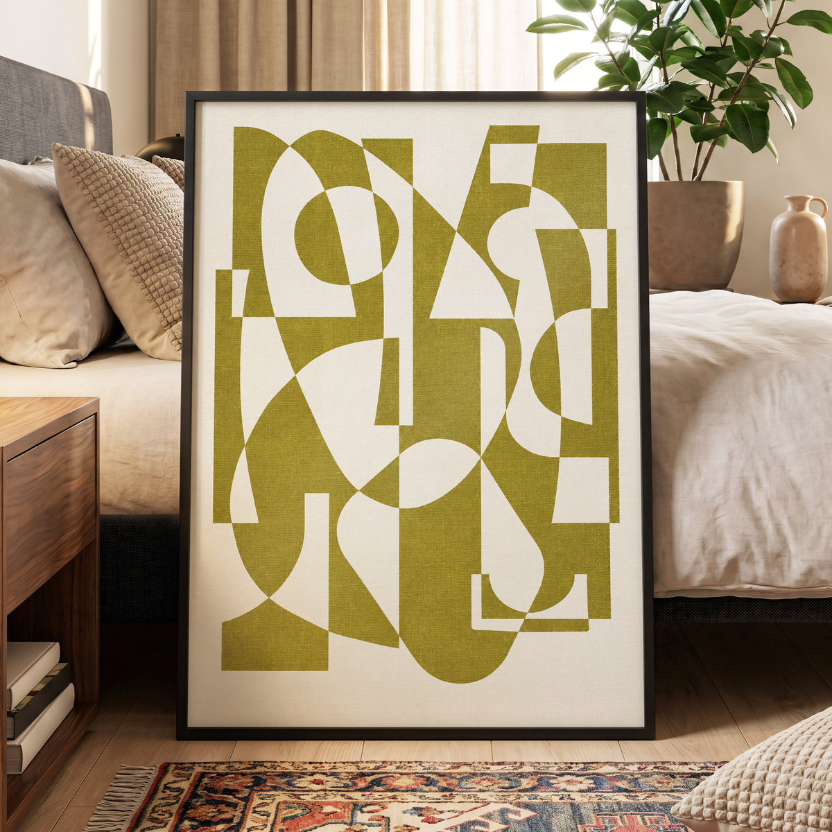 Olive Interplay, green, beige, white abstract wall art displayed in a styled interior, gallery view 6