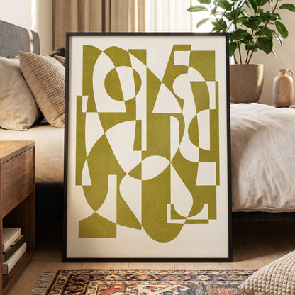 Olive Interplay, green, beige, white abstract wall art displayed in a styled interior, gallery view 6