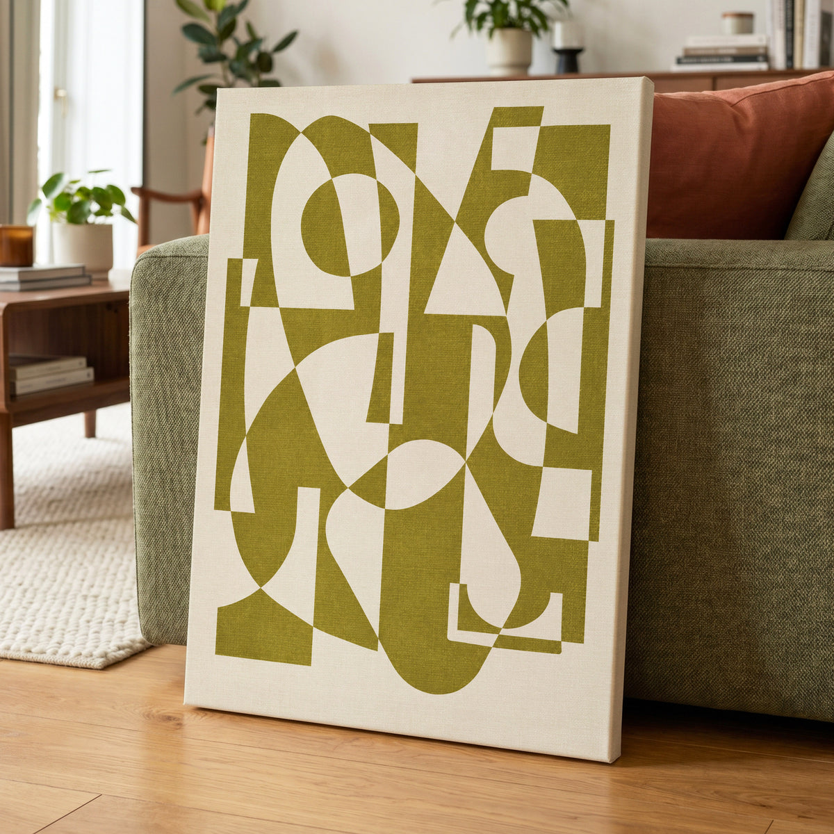 Olive Interplay, green, beige, white abstract wall art displayed in a styled interior, gallery view 7