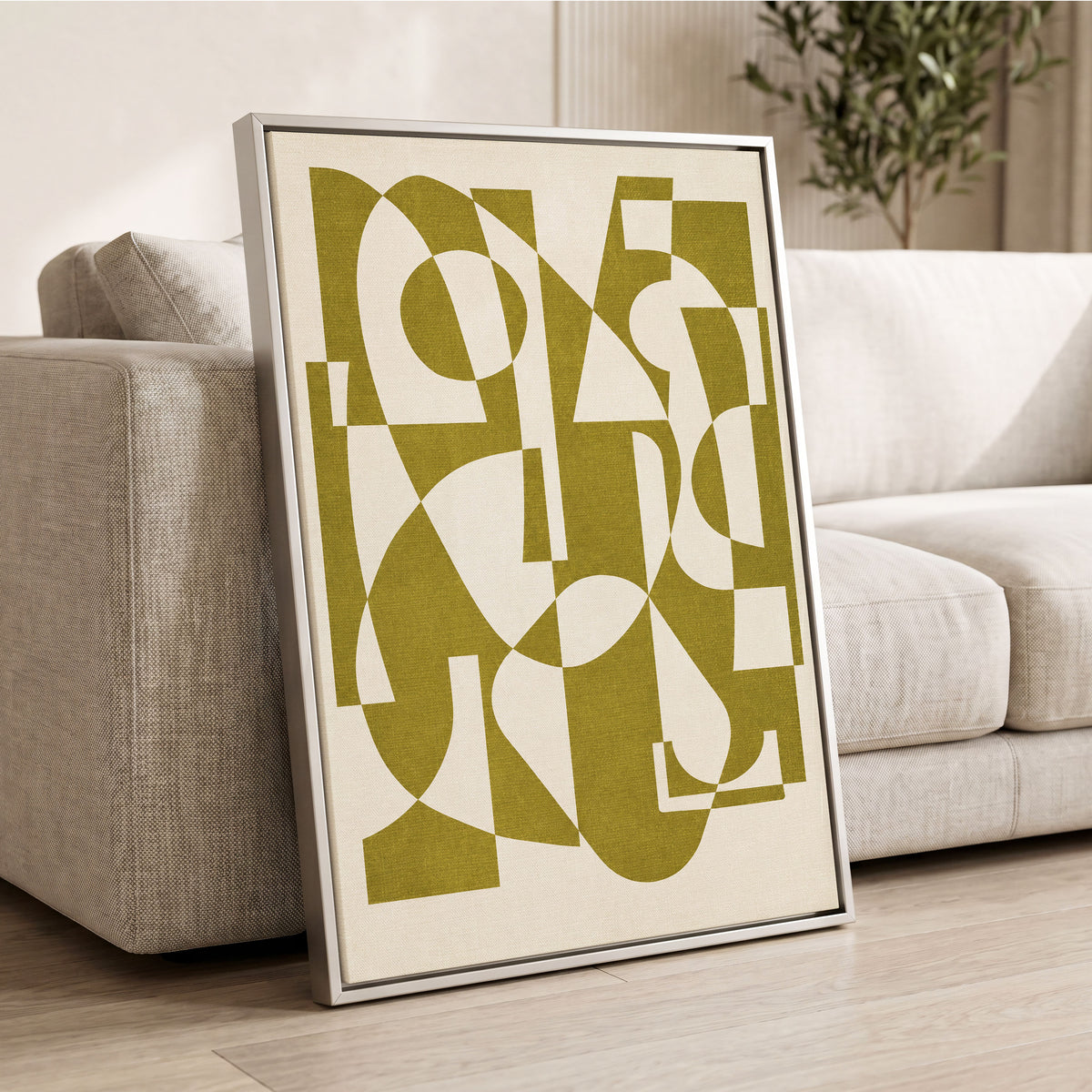 Olive Interplay, green, beige, white abstract wall art displayed in a styled interior, gallery view 8
