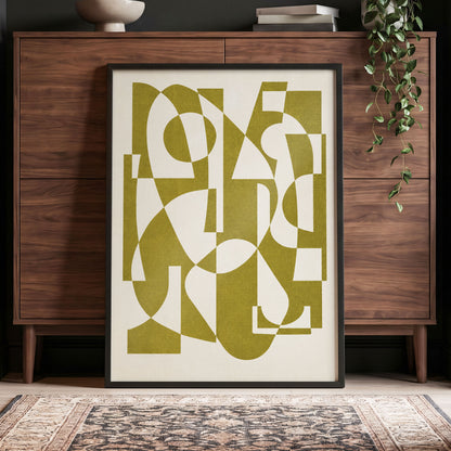Olive Interplay, green, beige, white abstract wall art displayed in a styled interior, gallery view 9