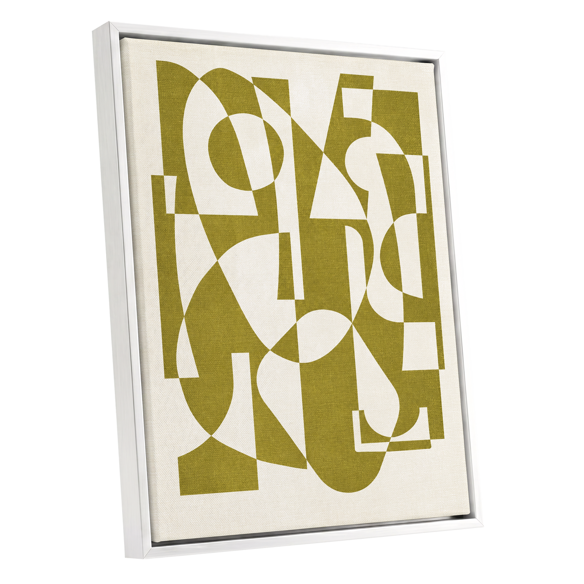 Olive Interplay, green, beige, white abstract wall art shown as a white framed canvas wall art