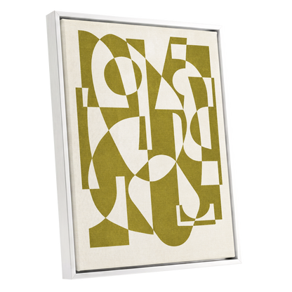 Olive Interplay, green, beige, white abstract wall art shown as a white framed canvas wall art