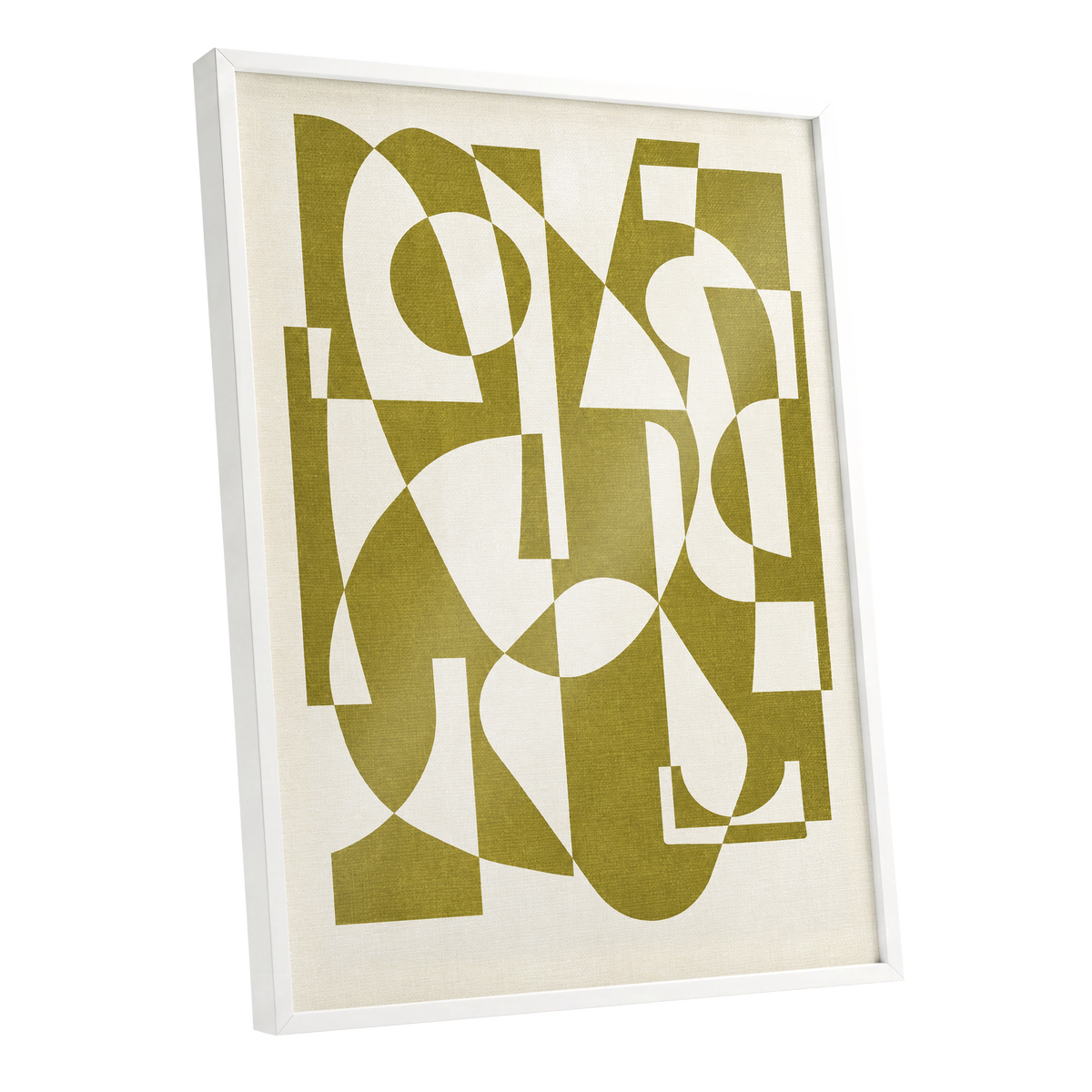 Olive Interplay, green, beige, white abstract wall art shown as a white framed poster wall art print