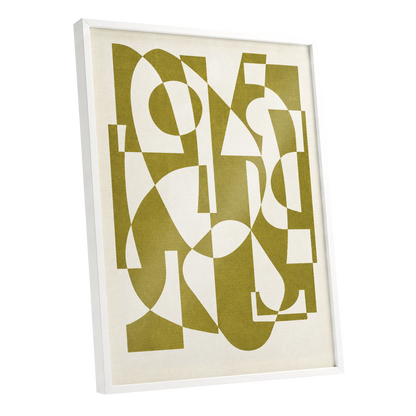 Olive Interplay, green, beige, white abstract wall art shown as a white framed poster wall art print