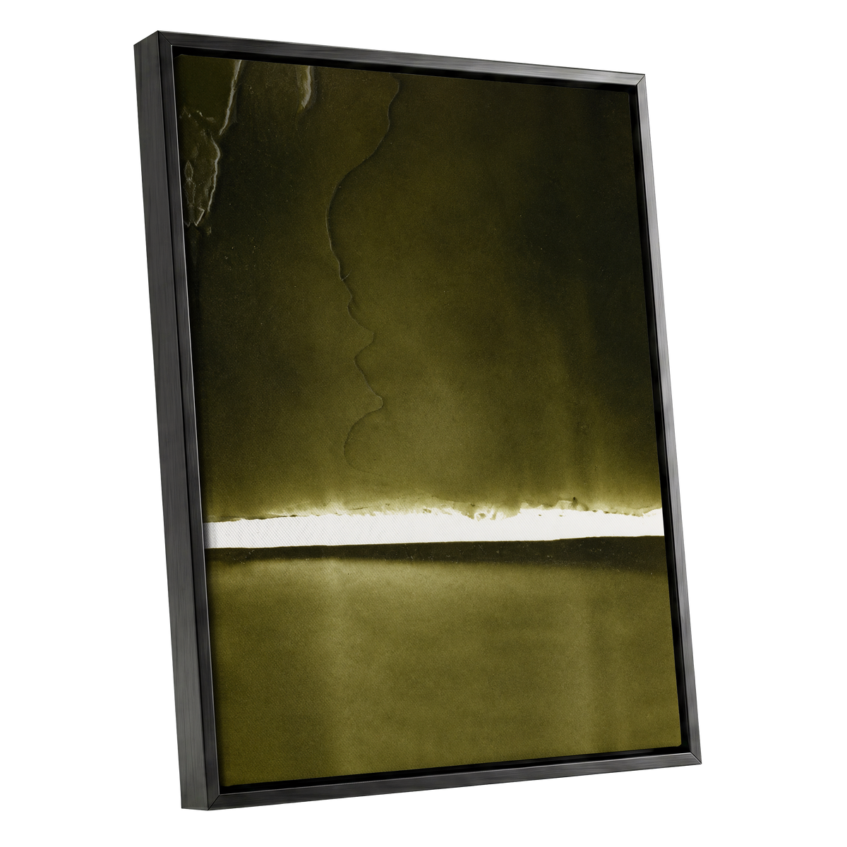 Olive Interval, green, black, white abstract wall art shown as a black framed canvas wall art
