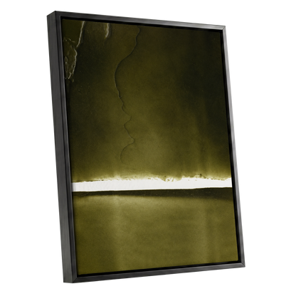 Olive Interval, green, black, white abstract wall art shown as a black framed canvas wall art
