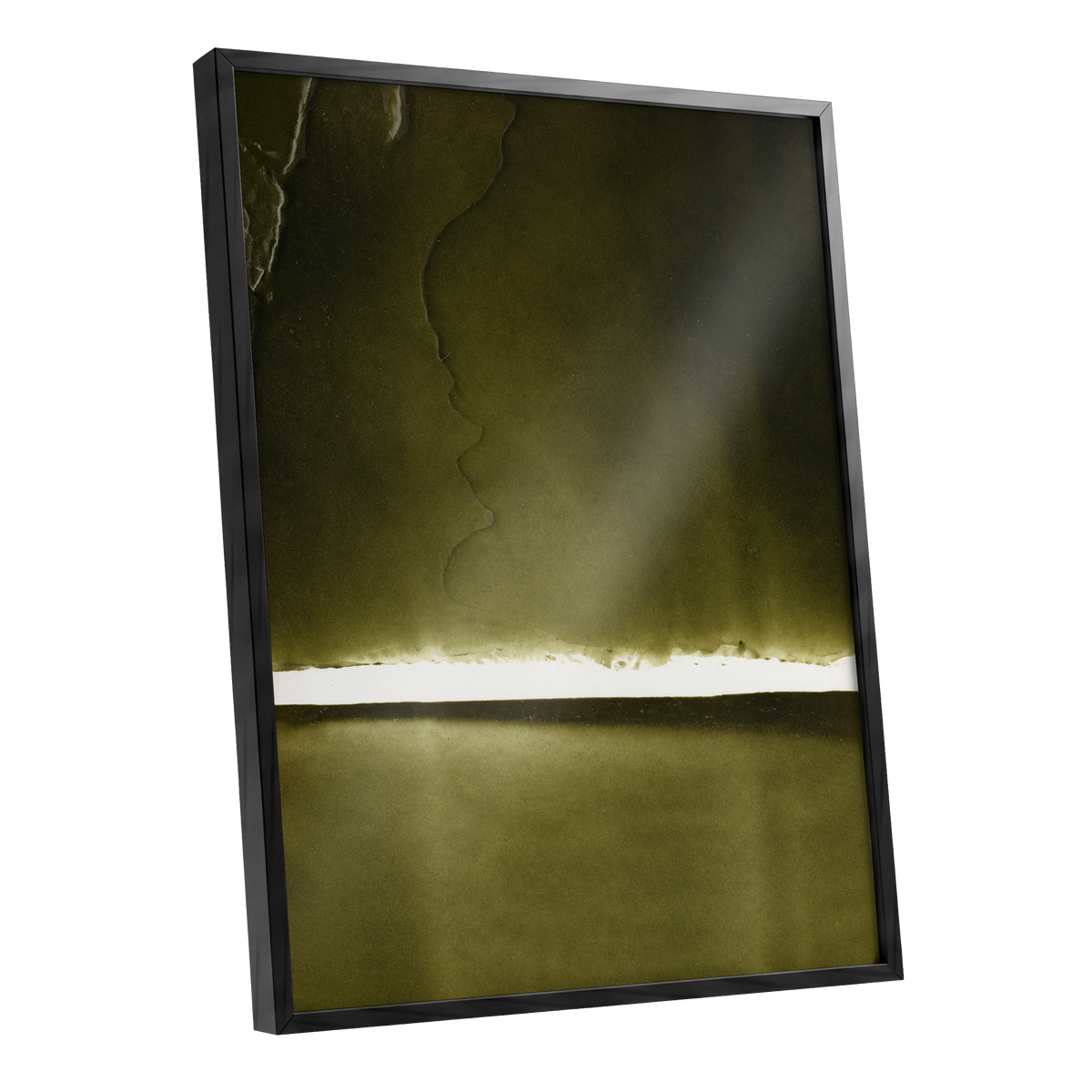 Olive Interval, green, black, white abstract wall art shown as a black framed poster wall art print