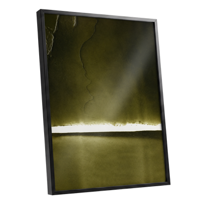 Olive Interval, green, black, white abstract wall art shown as a black framed poster wall art print