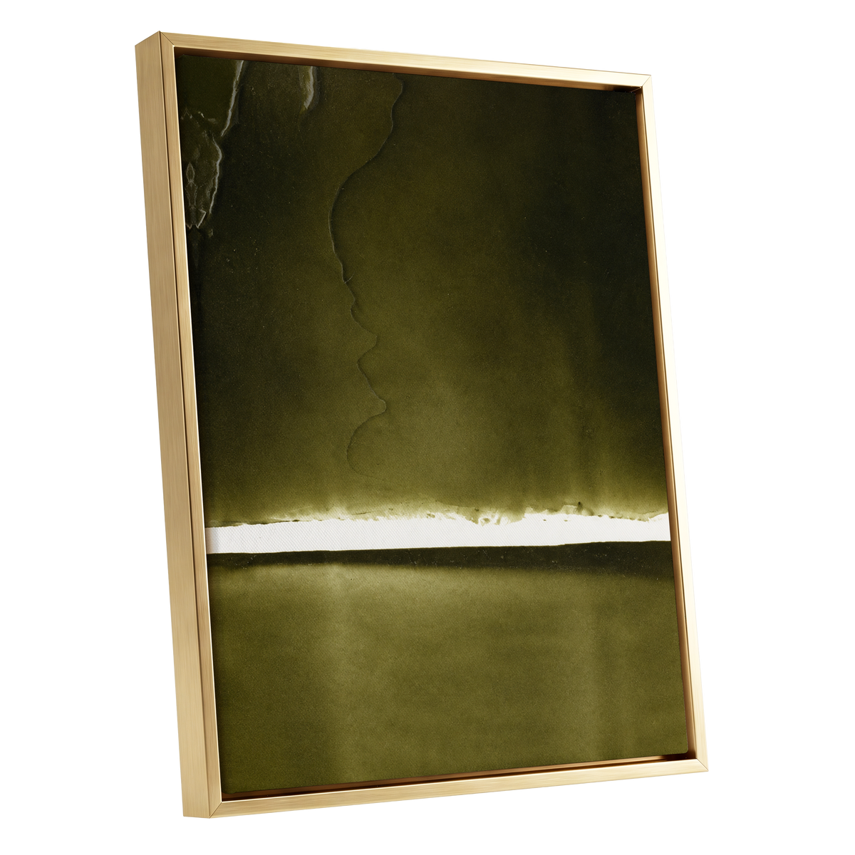Olive Interval, green, black, white abstract wall art shown as a gold framed canvas wall art