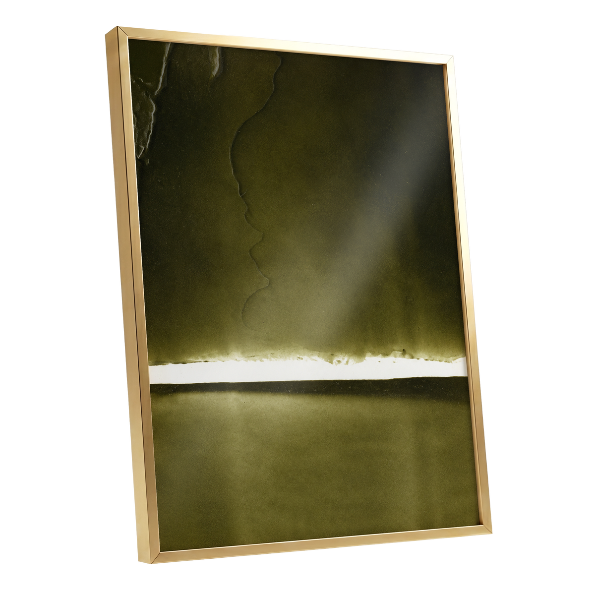 Olive Interval, green, black, white abstract wall art shown as a gold framed poster wall art print