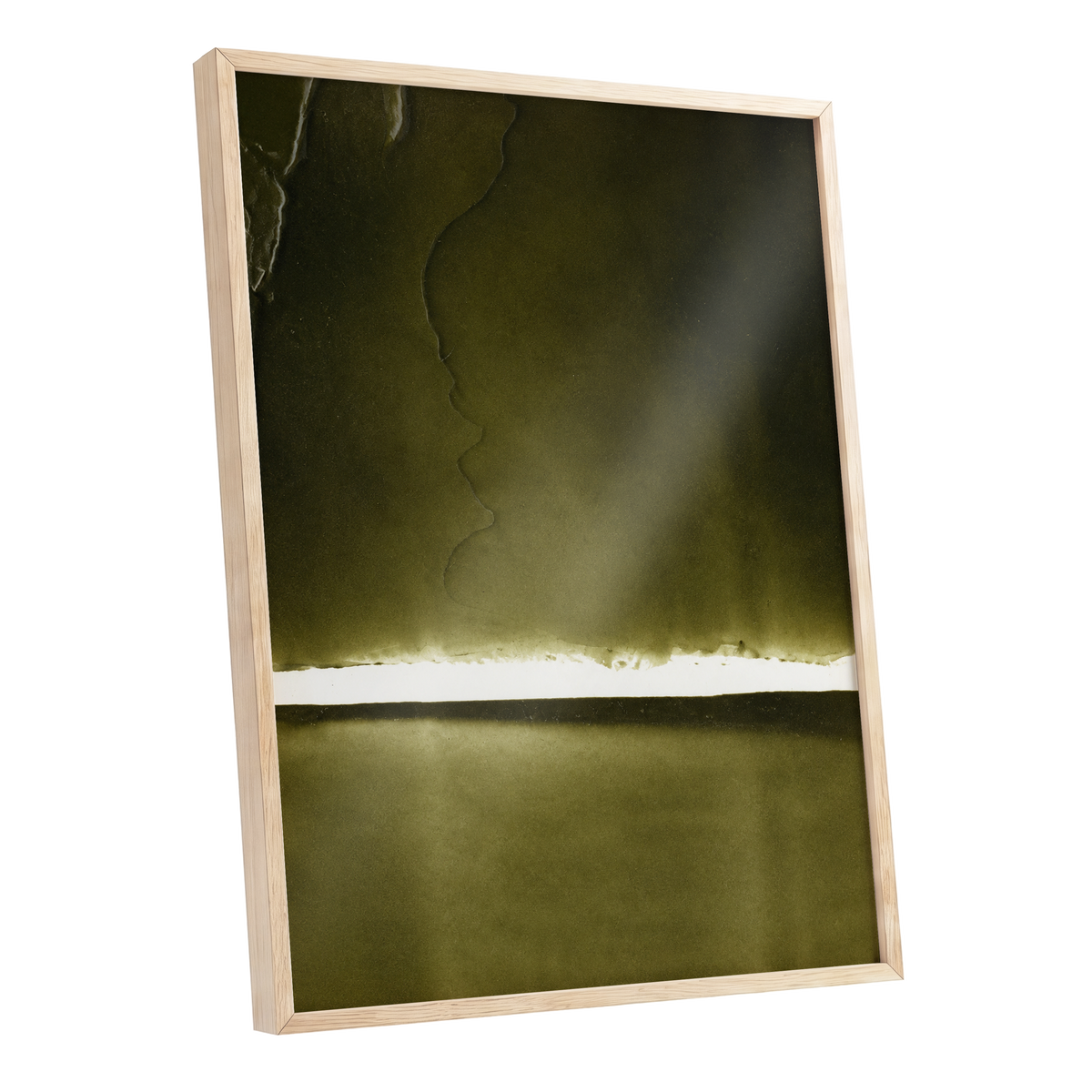 Olive Interval, green, black, white abstract wall art shown as a oak framed poster wall art print