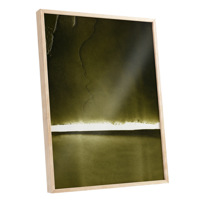 Olive Interval, green, black, white abstract wall art shown as a oak framed poster wall art print