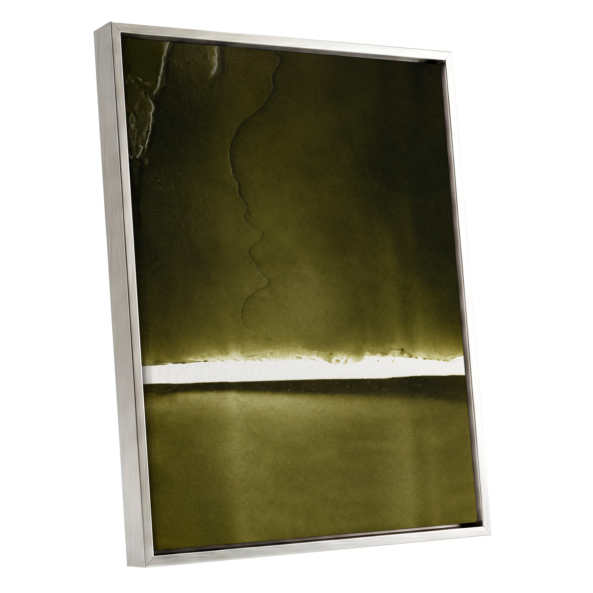 Olive Interval, green, black, white abstract wall art shown as a silver framed canvas wall art