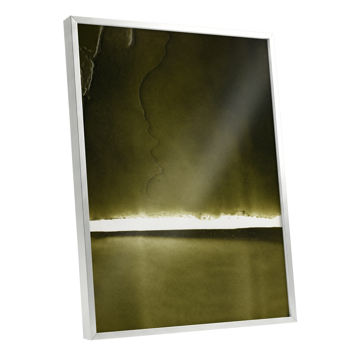 Olive Interval, green, black, white abstract wall art shown as a silver framed poster wall art print