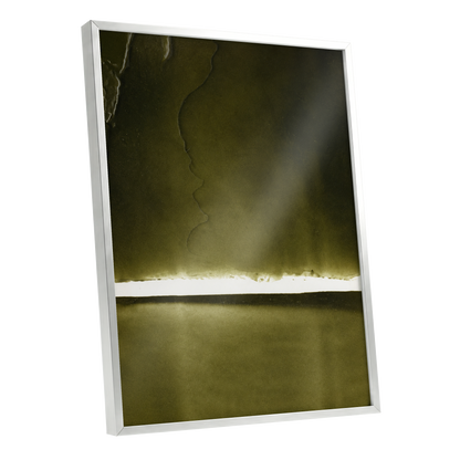 Olive Interval, green, black, white abstract wall art shown as a silver framed poster wall art print