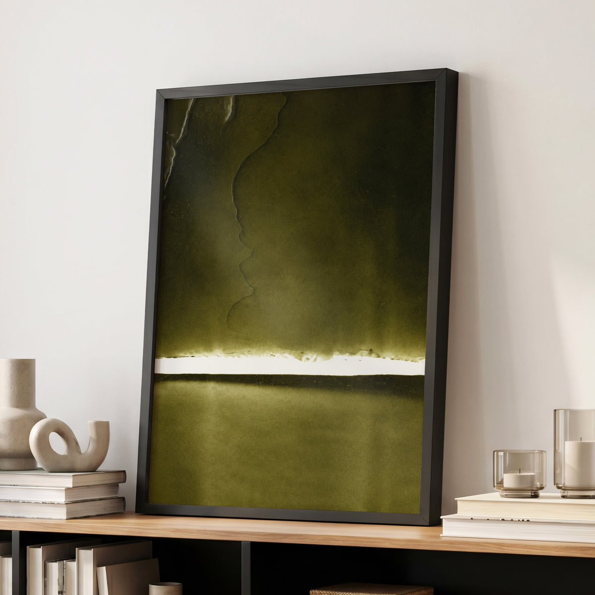 Olive Interval, green, black, white abstract wall art displayed in a styled interior, gallery view 2