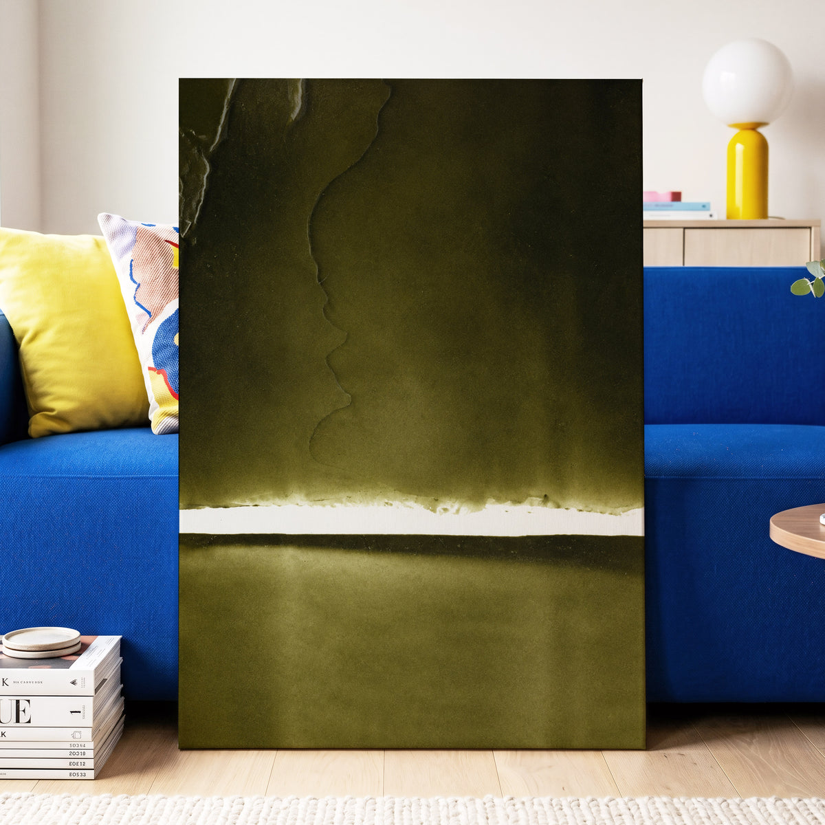 Olive Interval, green, black, white abstract wall art displayed in a styled interior, gallery view 3