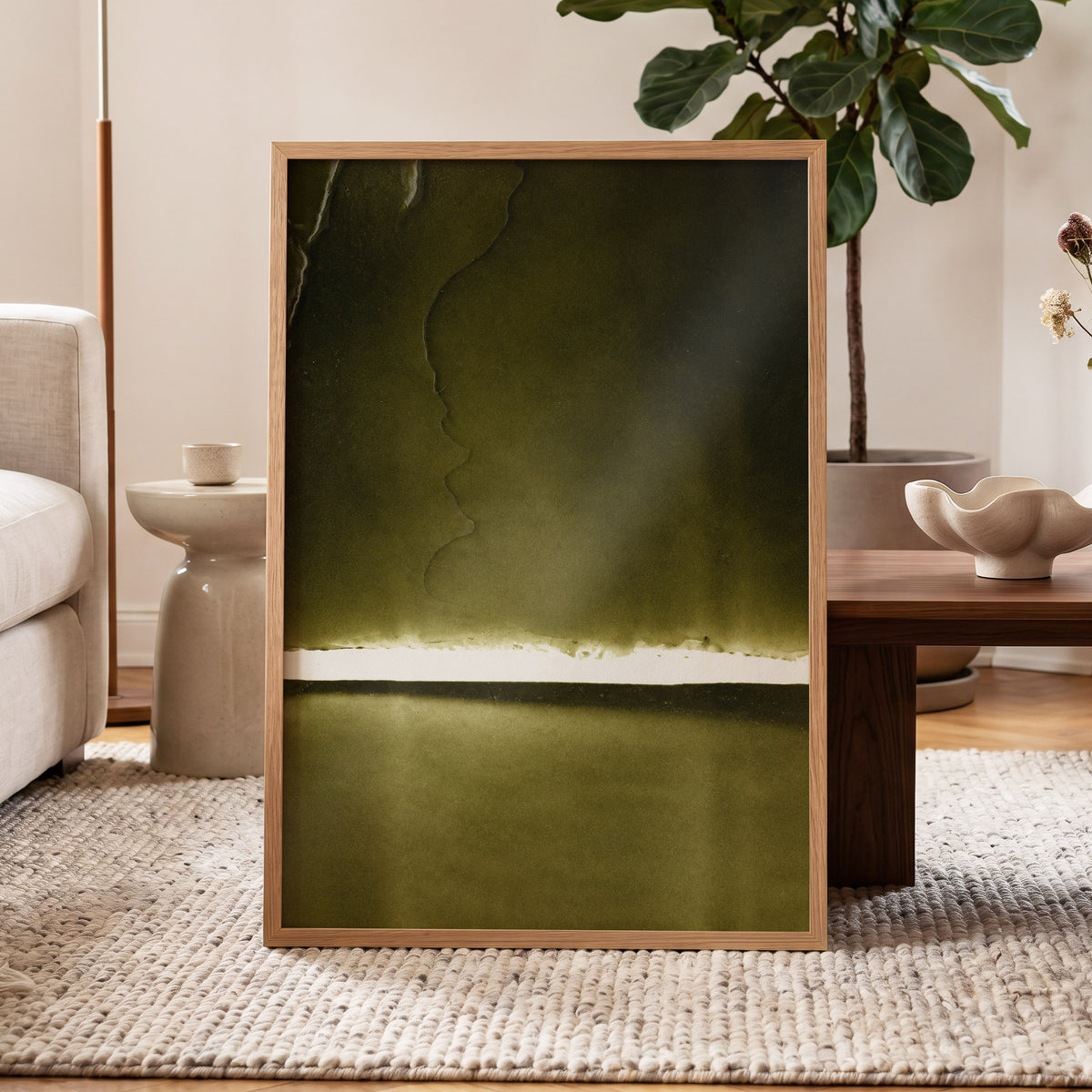 Olive Interval, green, black, white abstract wall art displayed in a styled interior, gallery view 6