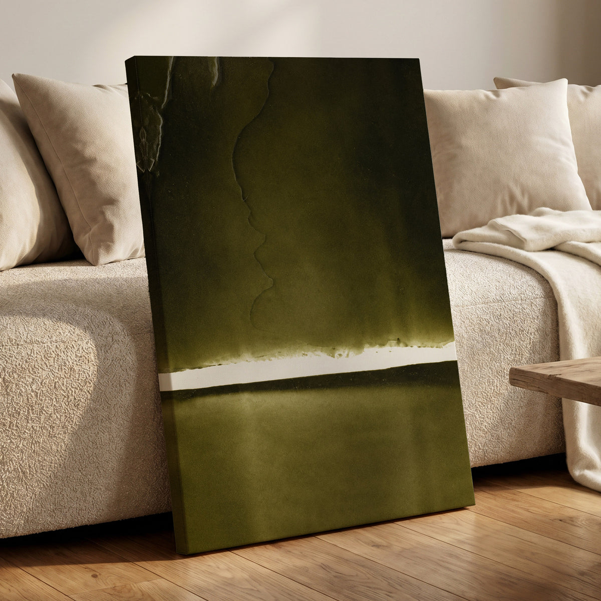 Olive Interval, green, black, white abstract wall art displayed in a styled interior, gallery view 7
