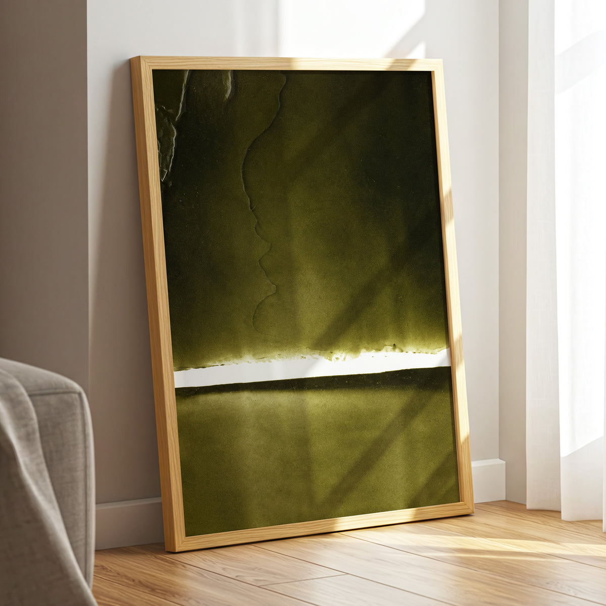 Olive Interval, green, black, white abstract wall art displayed in a styled interior, gallery view 9