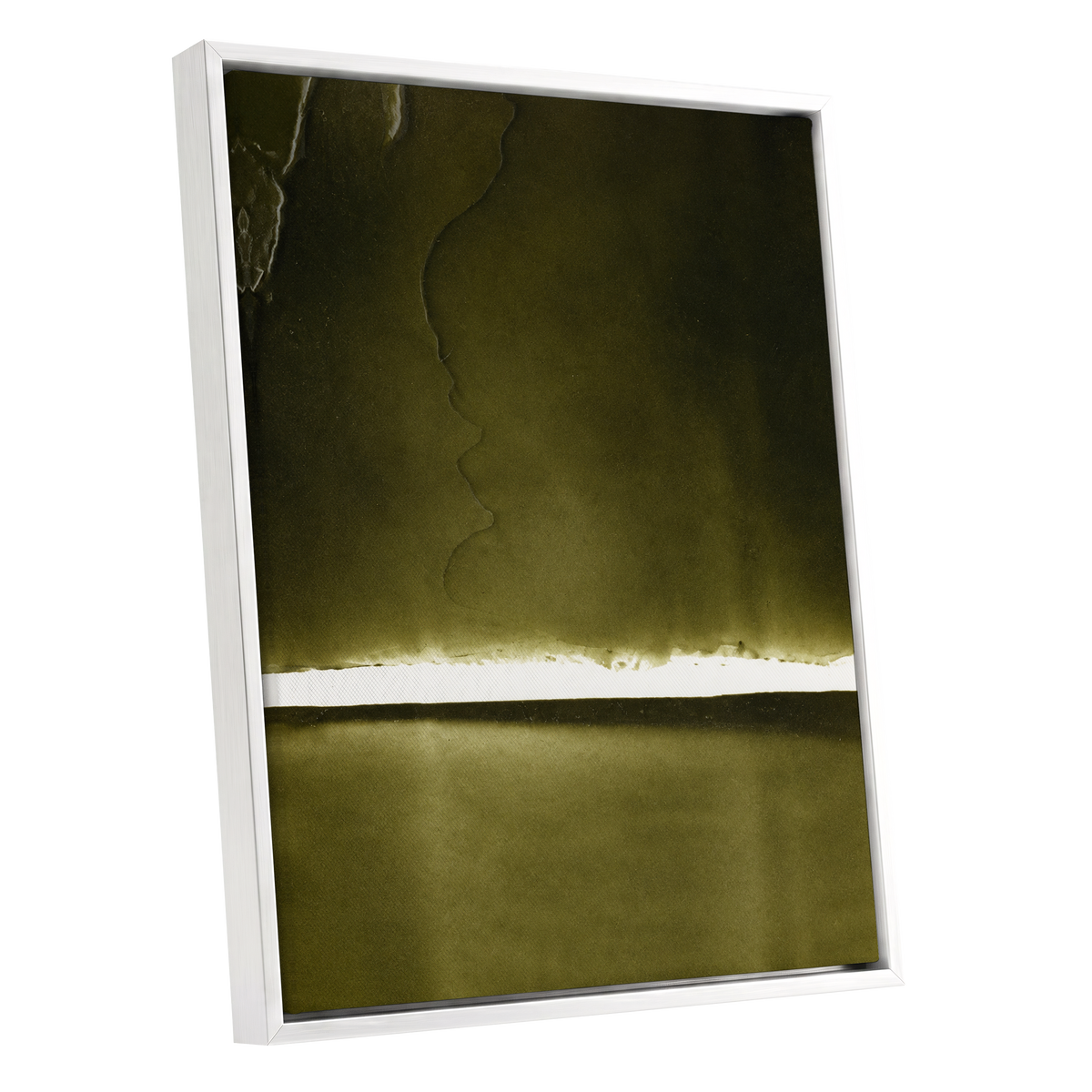 Olive Interval, green, black, white abstract wall art shown as a white framed canvas wall art