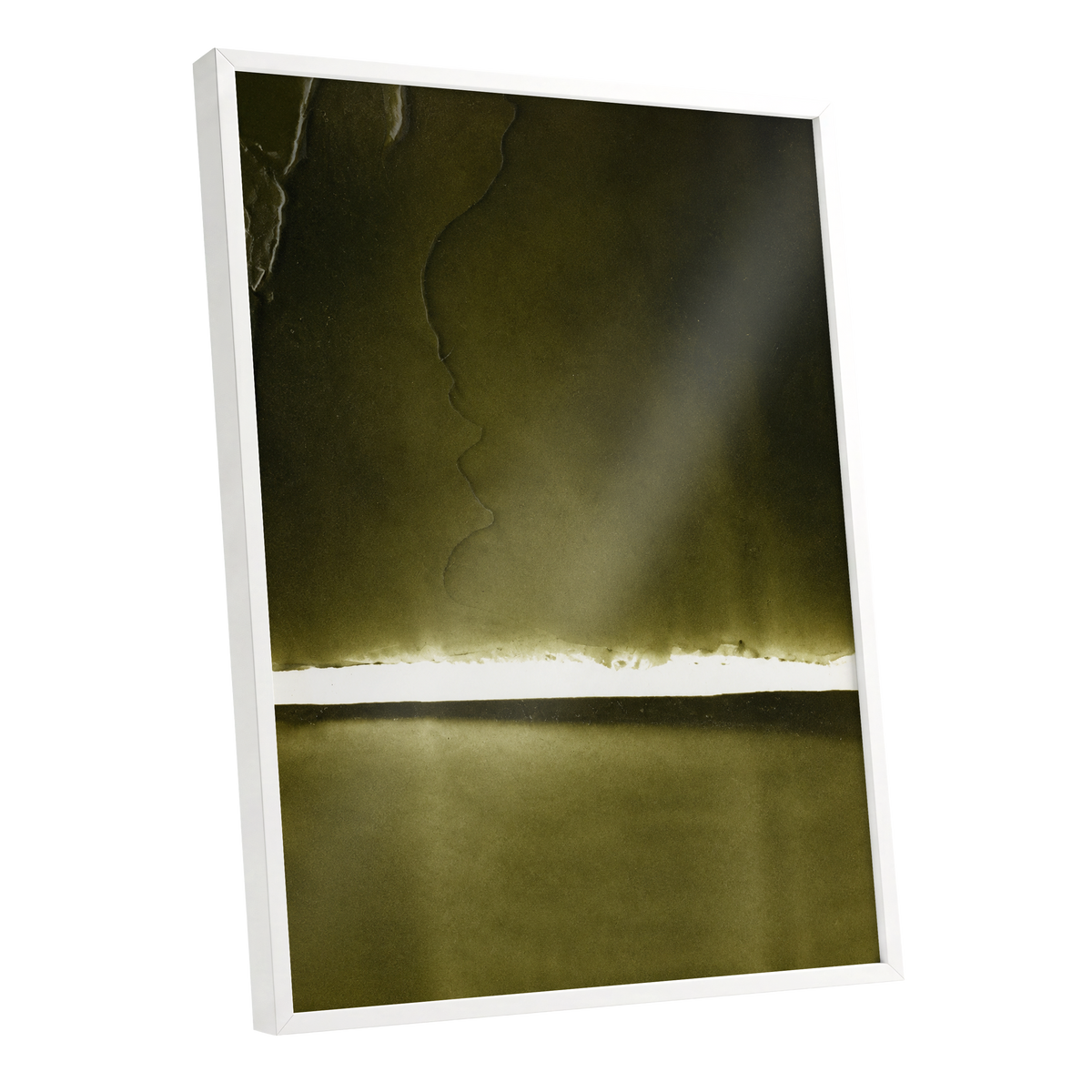 Olive Interval, green, black, white abstract wall art shown as a white framed poster wall art print