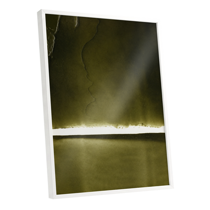 Olive Interval, green, black, white abstract wall art shown as a white framed poster wall art print