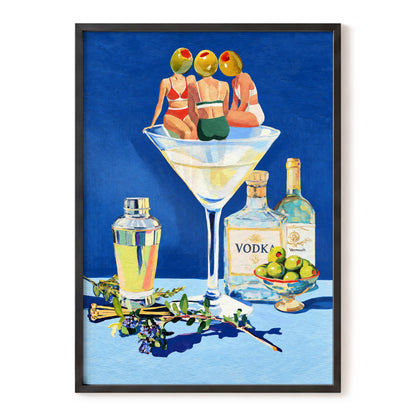Olive Martini Club, blue, green, yellow abstract wall art, front artwork view