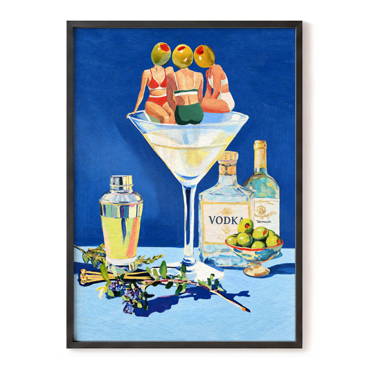 Olive Martini Club, blue, green, yellow abstract wall art, front artwork view