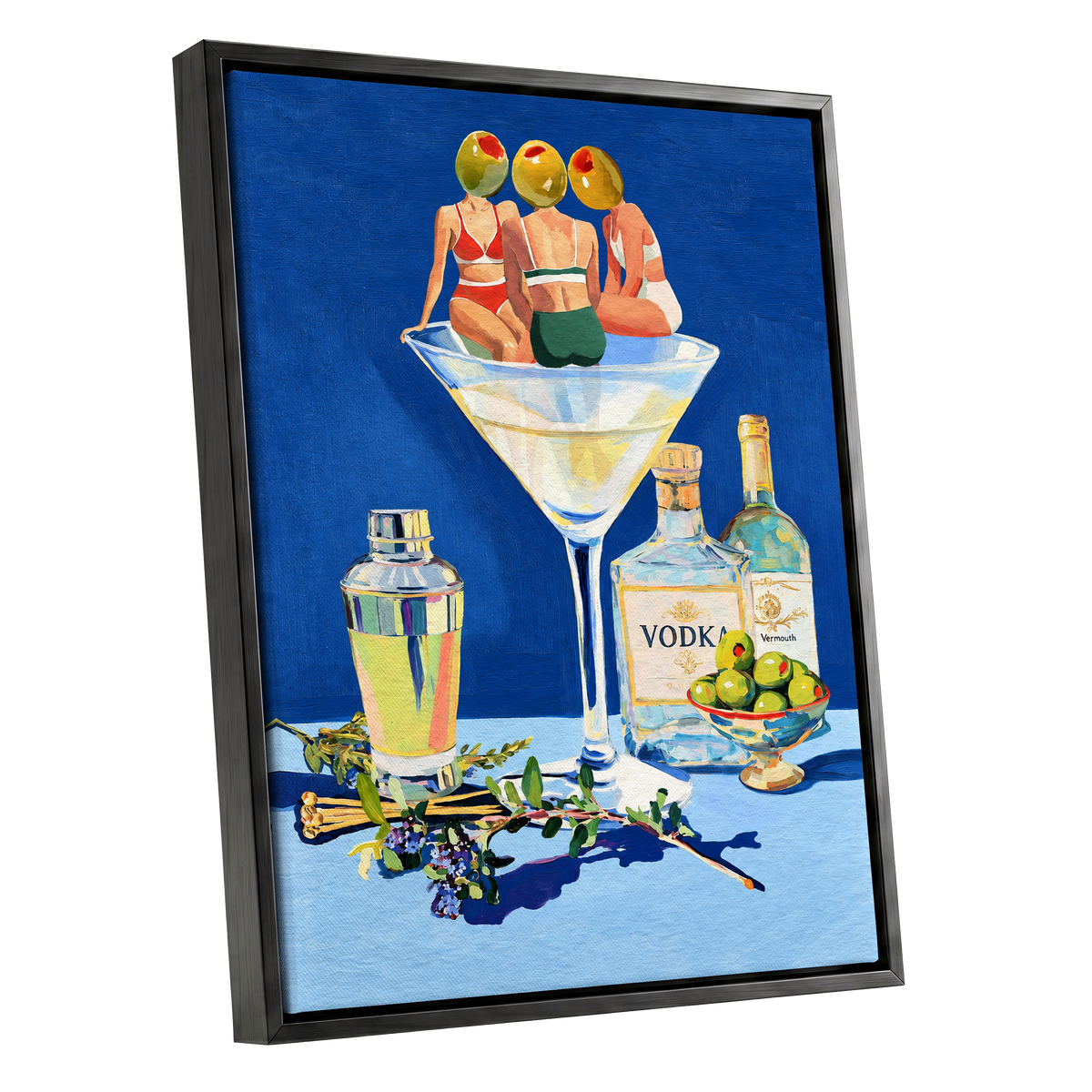 Olive Martini Club, blue, green, yellow abstract wall art shown as a black framed canvas wall art