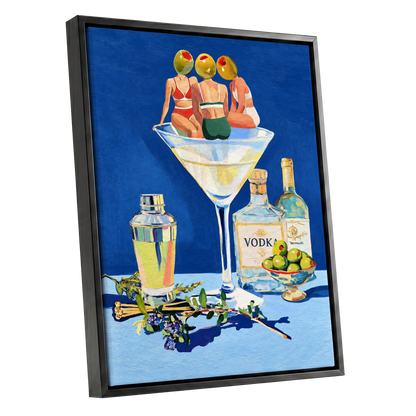 Olive Martini Club, blue, green, yellow abstract wall art shown as a black framed canvas wall art