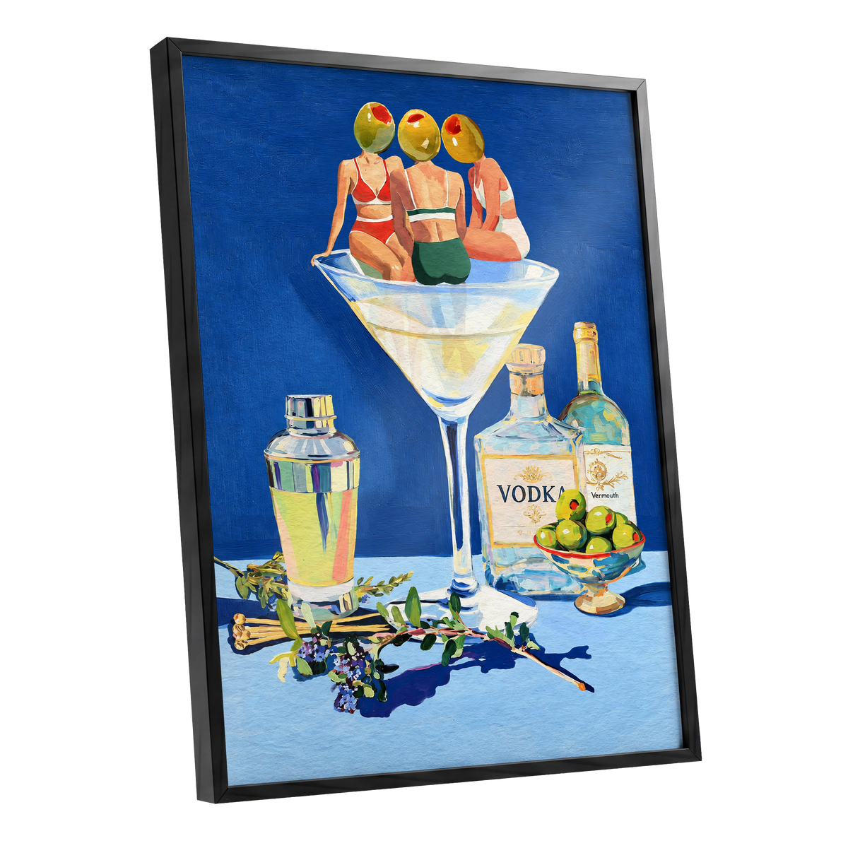 Olive Martini Club, blue, green, yellow abstract wall art shown as a black framed poster wall art print