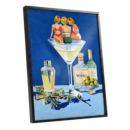 Olive Martini Club, blue, green, yellow abstract wall art shown as a black framed poster wall art print